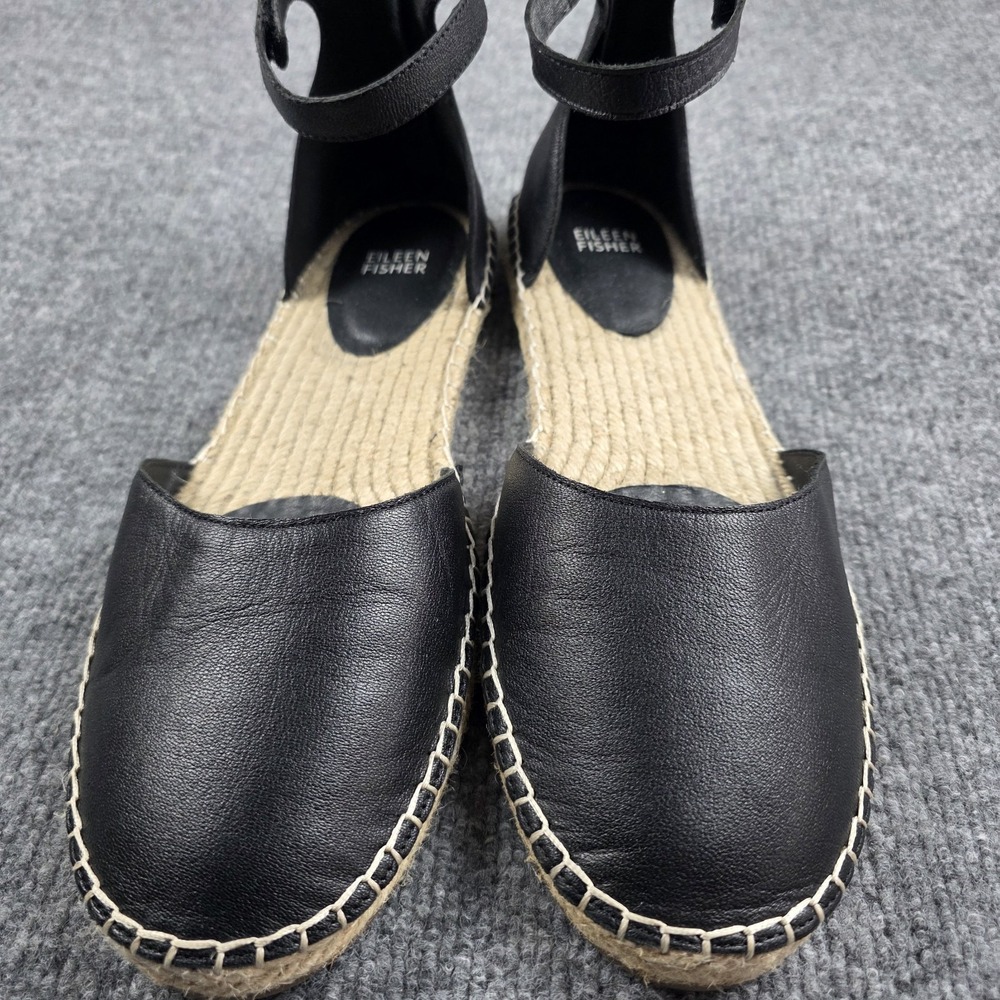 Eileen Fisher Lala Espadrille Black Gladiator Flat Sandals 11 Leather Shoes EUC‎ - Picture 3 of 8